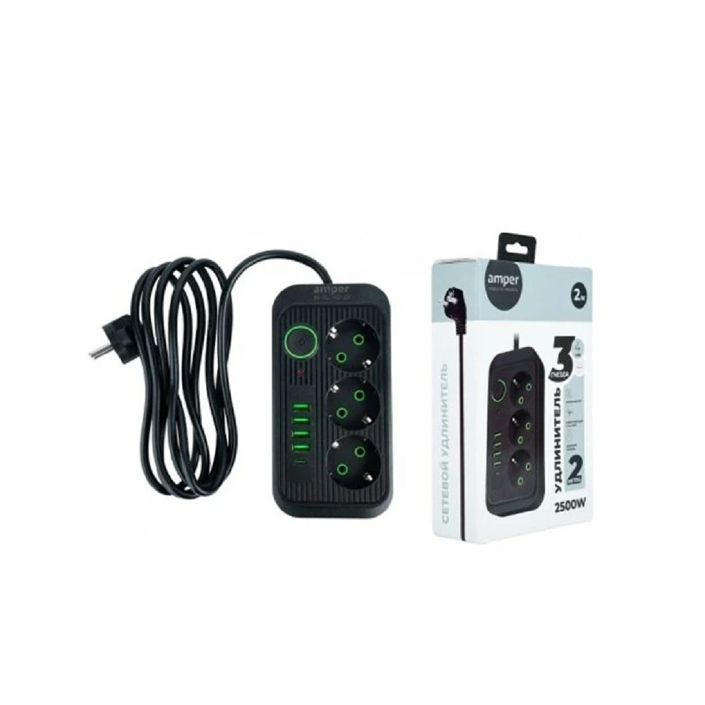 Amper сетевой удлинитель, 2,0м, 3 розетки, 3*0,75мм, 10А, 2500 Вт, 4usb, 1Type-C, черный. [JH-1074U-2B]
