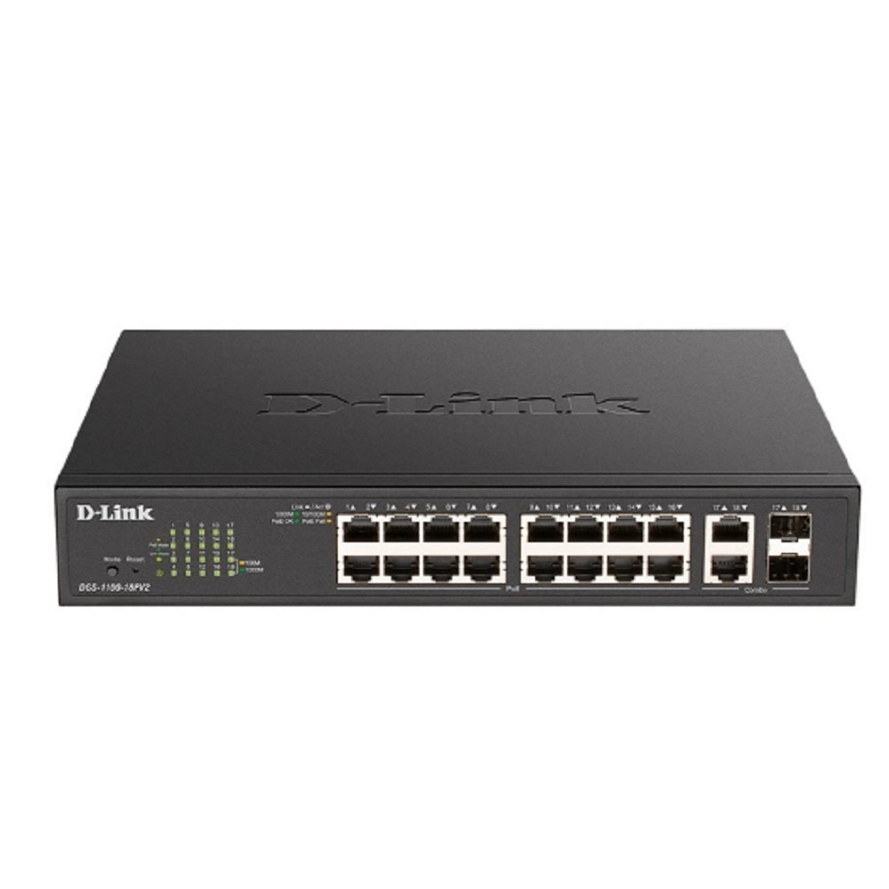 D-Link DGS-1100-18PV2/A3A Настраиваемый L2 коммутатор с 16 портами 10/100/1000Base-T и 2 комбо-портами 1000Base-T/SFP (16 портов PoE 802.3af/at, PoE-бюджет 130 Вт)