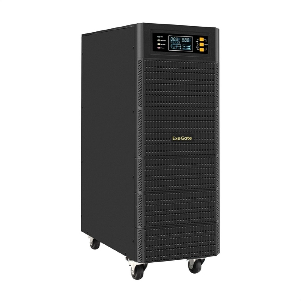 Источник бесперебойного питания On-line ExeGate PowerExpert TL-575-6kVA.240V.LCD.AVR.T.USB.RS232.SNMP 6000VA/6000W, On-Line, PF=1, LCD, клеммы, RS232, USB, SNMP-slot, встроенные батареи 12V 7.2Ah -20шт, возможность подключения до 4 внешних батарейных блоков 240В, Tower, металлический корпус на колесиках, черный