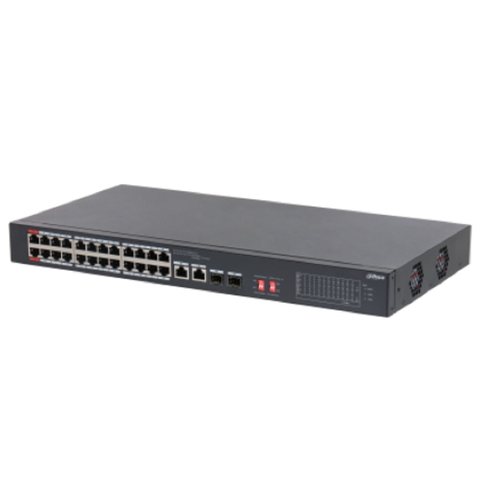 DAHUA DH-S3226-24ET-375 24-портовый неуправляемый коммутатор с РоЕ 24 RJ45 10/100Мбит/с (PoE/PoE+/Hi-PoE), 2  SFP/RJ45 10/100/1000Мбит/с (uplink); до 370Вт