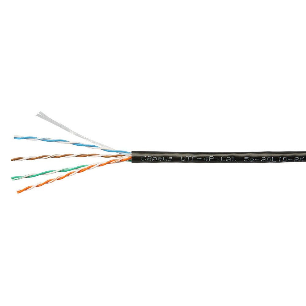 Cabeus UTP-4P-Cat.5e-SOLID-BK Кабель витая пара UTP (U/UTP), категория 5e, 4 пары (24 AWG), одножильный, PVC нг(А)-LS, черный (305 м), системная гарантия 25 лет.