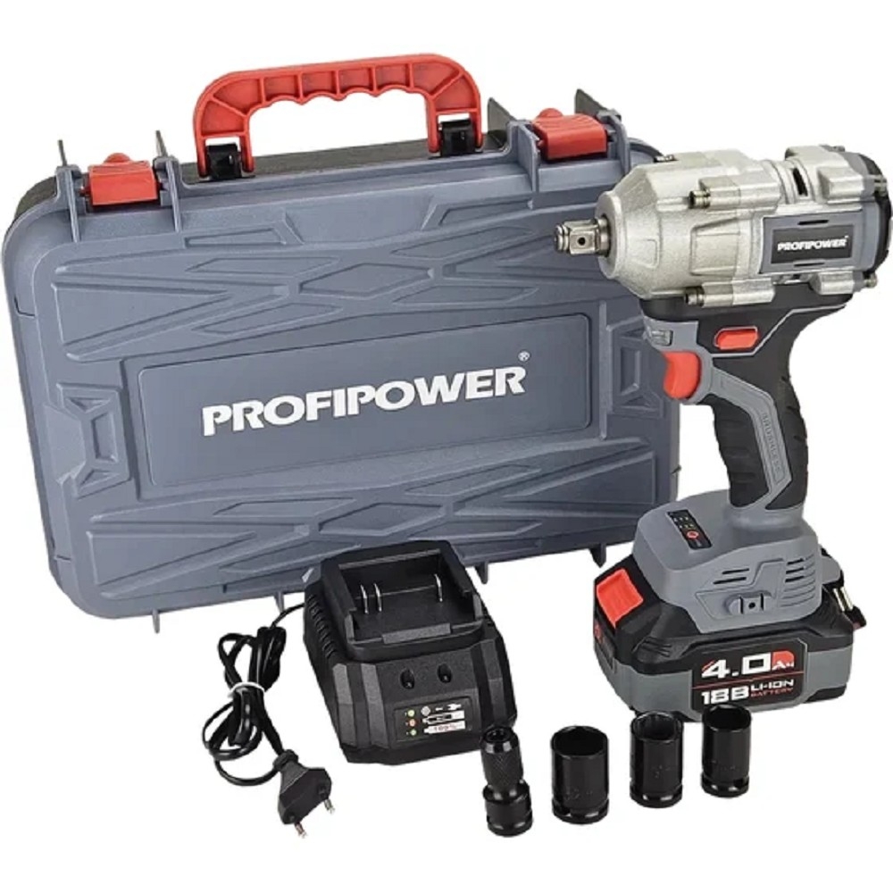 Аккумуляторный бесщеточный ударный гайковерт PROFIPOWER T-500N (18В,Li-ion-1шт, 4.0Ач, 500Нм, ударные головки 17/19/21мм, З/У, в кейсе) [E0185]
