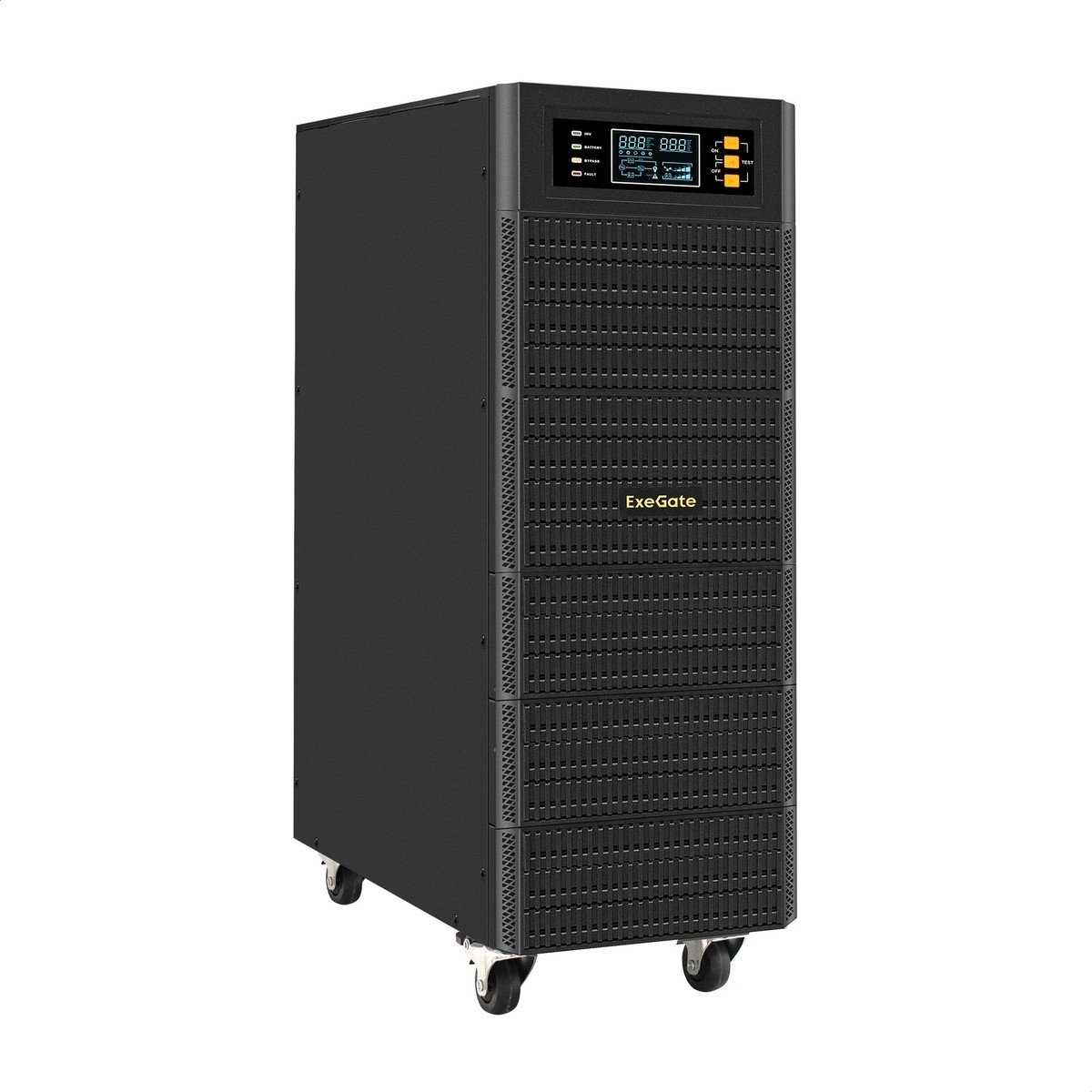 Источник бесперебойного питания On-line ExeGate PowerExpert TL-575-6kVA.192V.LCD.AVR.T.USB.RS232.SNMP 6000VA/6000W, On-Line, PF=1, LCD, клеммы, RS232, USB, SNMP-slot, встроенные батареи 12V 7.2Ah - 16шт, возможность подключения до 4 внешних батарейных блоков 192В, Tower, металлический корпус на колесиках, черный