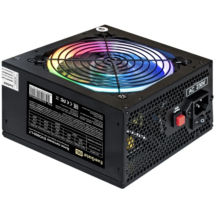 (Из ремонта, рабочий, гарантия 14 дней) Блок питания 800W ExeGate EVO800-LT (ATX, APFC, 12cm RGB fan, 24pin, (4+4)pin, PCI-E, 5xSATA, 3xIDE, FDD, black)