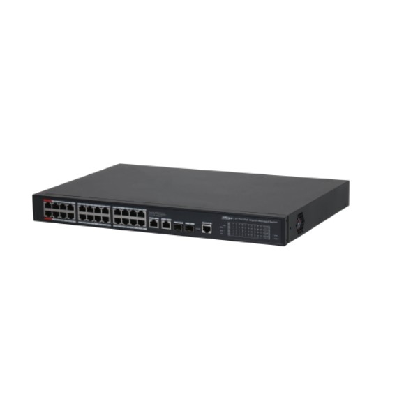 DAHUA DH-S4228-24GT-240 28-портовый гигабитный управляемый коммутатор с PoE, уровень L2, 24xRJ45 1GB PoE, 2xRJ45 1Gb, 2xSFP 1Gb, суммарно 240Вт, коммутация 56 Гбит/с, MAC-таблица 8К