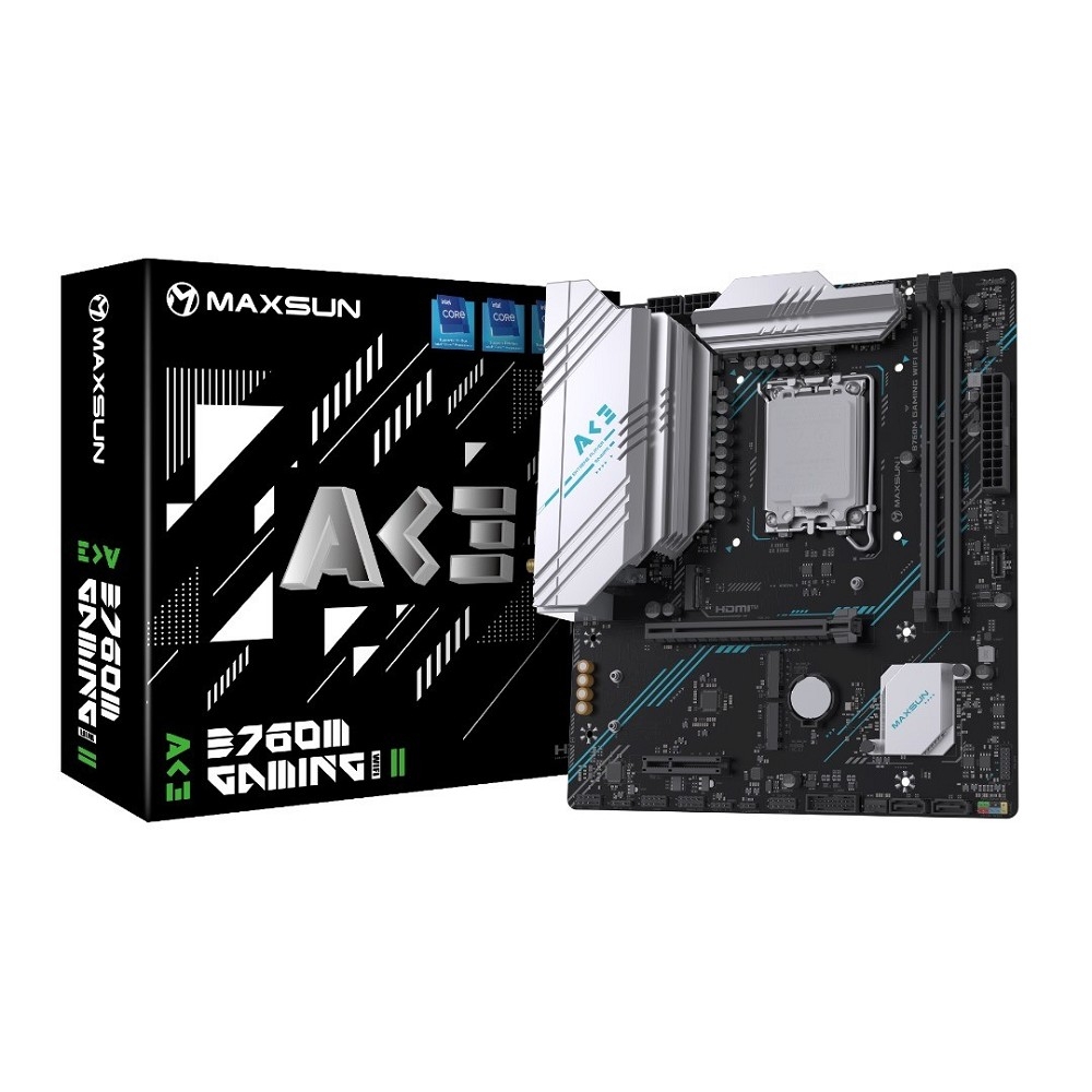 Материнская плата Maxsun MS-B760M GAMING WIFI ACE II, LGA1700, Intel B760, 2xDDR5, 2xSATA, 3xM.2, 1xPCIe 4.0 x16, 1xPCIe 4.0 x4, 2xHDMI, 1xDP, 1x2.5Gb LAN, Wi-Fi 6, Bluetooth 5.2, 1xUSB-C 10Gbps, 2xUSB-A 5Gbps, 2xUSB-A 2.0, 3x3.5 мм, 7.1, mATX