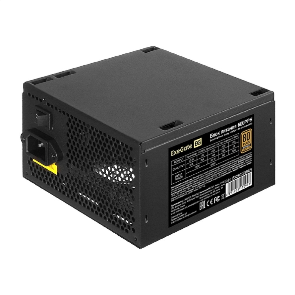 Exegate EX280578RUS Блок питания 600W Exegate 600PPH, 80+Bronze, RTL, ATX, black, APFC, 12cm, 24p, (4+4)p, 5*SATA, 3*IDE