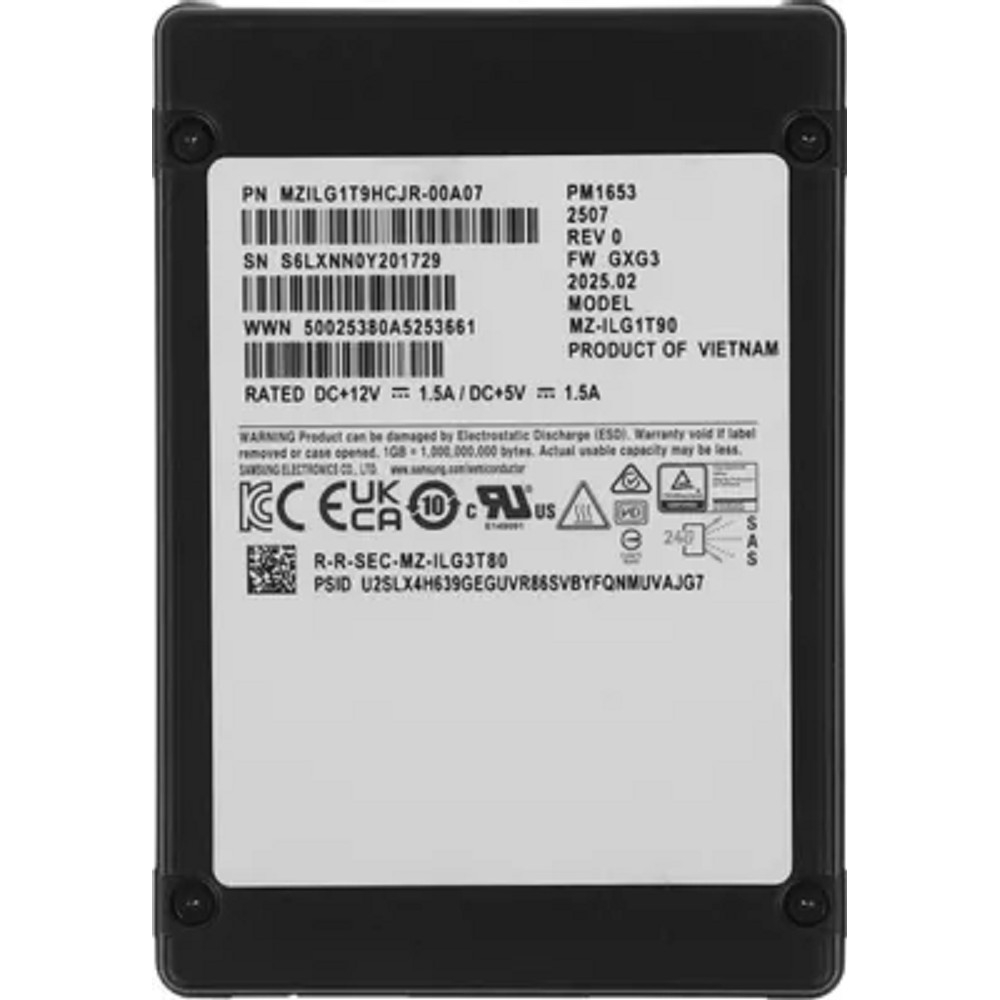 Твердотельный накопитель Samsung Enterprise SSD, 2.5"(SFF) 15mm, PM1653, 1920GB (1.92TB), SAS 24Gb/s, R4200/W2400Mb/s, IOPS(R4K) 720K/85K, MTBF 2M, 1DWPD/5Y, TBW 3504TB, OEM (repl. MZILT1T9HBJR-00007)