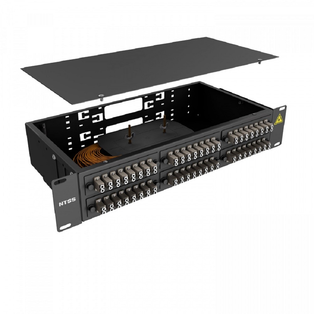 NTSS Кросс 19" NTSS PREMIUM, предсобранный 2U, 48 портов LC/UPC duplex, 62,5/125 мкм, (розетки, сплайс 3шт, КДЗС, пигтейлы), черный, RAL9005 NTSS-RFOB-PM-2U-48-2LC/U-62.5-SP1.5G1A-BL