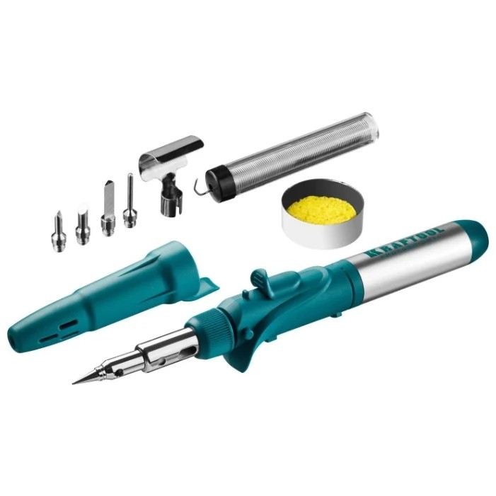 Паяльник газовый KRAFTOOL 55503-H10 3 в 1 паяльник(450C), газовая горелка(1300), фен(600C),7 насадок,кейс предназначен как для пайки различных деталей (в т.ч. ювелирные изделия), так и для использования в других режимах: газовая горелка (без использования