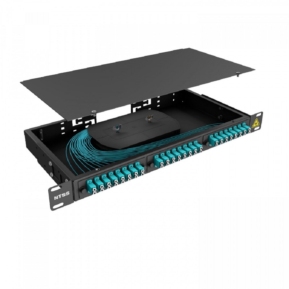 NTSS Кросс 19" NTSS PREMIUM, предсобранный 1U, 4 порта LC/UPC duplex, 50/125 мкм, (сплайс, пигтейлы, кдзс, планки, адаптеры), черный, RAL9005 NTSS-RFOB-PM-1U-4-2LC/U-503-SP1.5G1A-BL