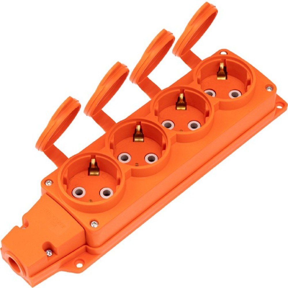 Rexant (111-228) Розетка (колодка) влагозащищенная с крышкой 4 гнезда COMPACT, с/з, 16А, IP54, каучук, оранжевая