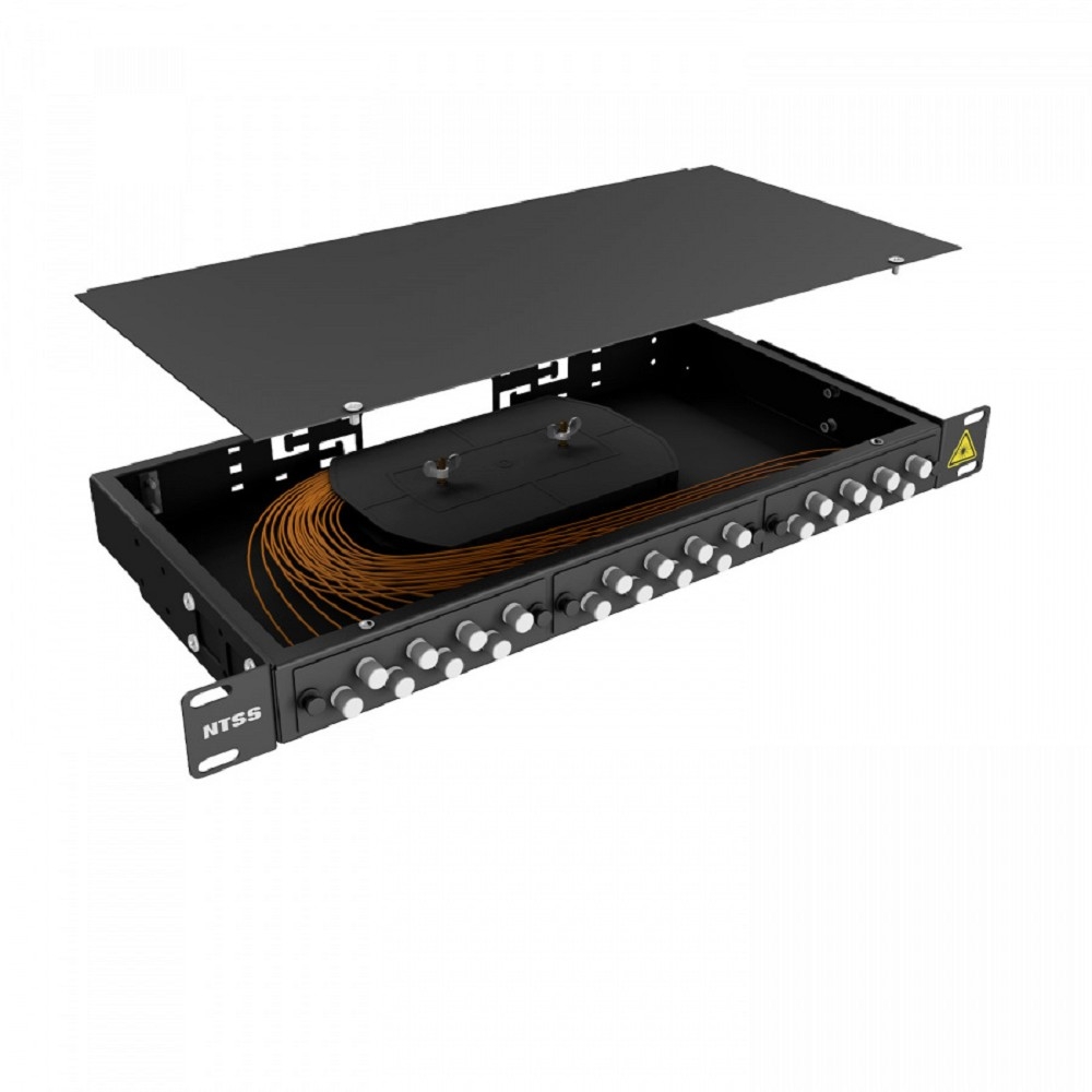 NTSS Кросс 19" NTSS PREMIUM, предсобранный 1U, 4 порта FC/UPC, 62,5/125 мкм, (сплайс, пигтейлы, кдзс, планки, адаптеры), черный, RAL9005 NTSS-RFOB-PM-1U-4-FC/U-62.5-SP1.5G2A-BL