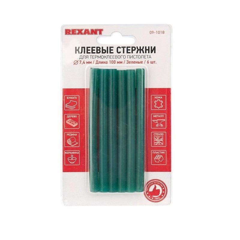 REXANT (09-1018) Клеевые стержни d=7,4 мм, L=100 мм, зеленые (упак. 6 шт.)