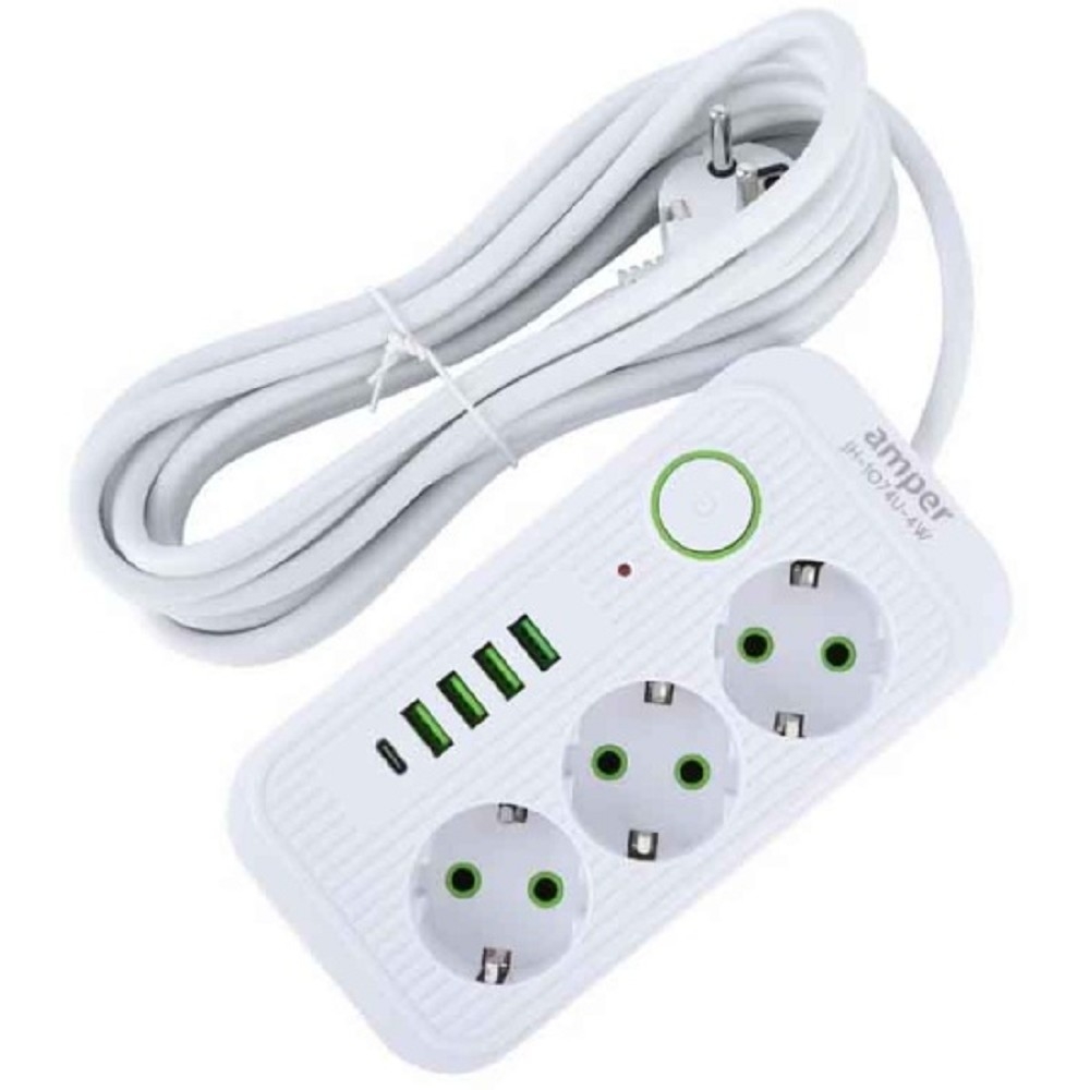 Сетевой фильтр Amper JH-1074U-4W, 3 розетки, 4×USB+Type-C, 4м