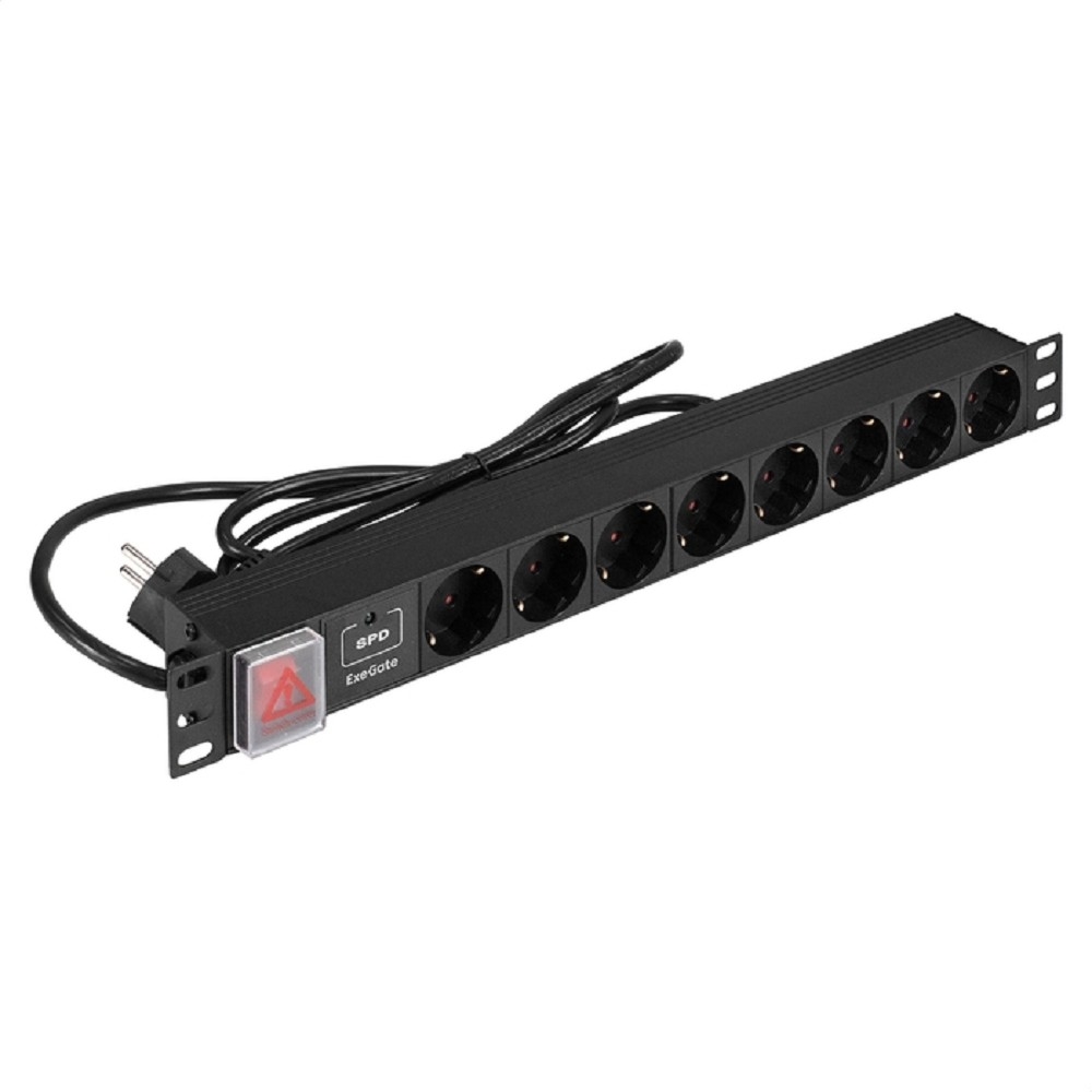 Блок розеток с сетевым фильтром (Surge Protect) и выключателем с подсветкой ExeGate ServerPro PDU-19H802 Al-8S-EU1.8CU-SW-SPD1 (19", 1U, Алюминий, 8 Schuko, кабель с евровилкой VDE-250V-16A-3*1.5мм2, медь, 1.8 метра, выкл. с подсветкой, SPD1, черный, RTL)