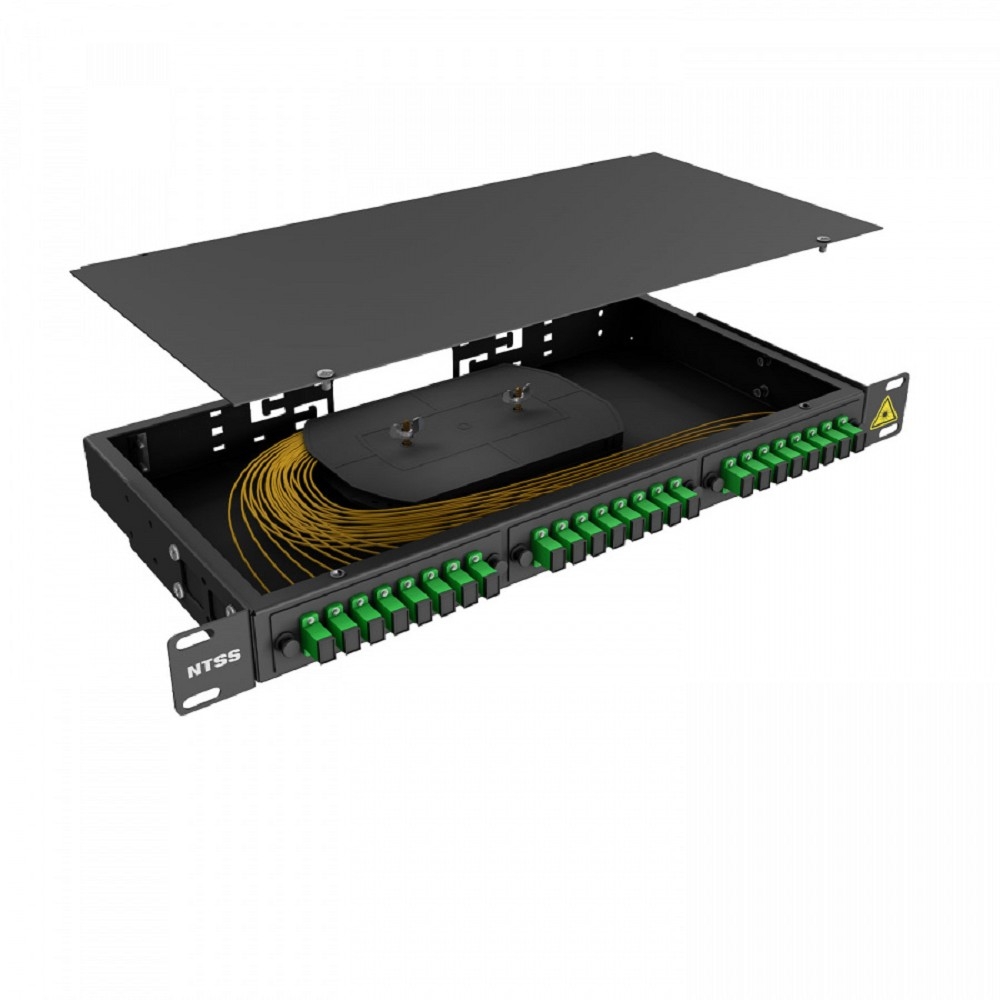 NTSS Кросс 19" NTSS PREMIUM, предсобранный 1U, 8 портов SC/APC, 9/125 мкм, (сплайс, пигтейлы, кдзс, планки, адаптеры), черный, RAL9005 NTSS-RFOB-PM-1U-8-SC/A-9-SP1.5G1A-BL