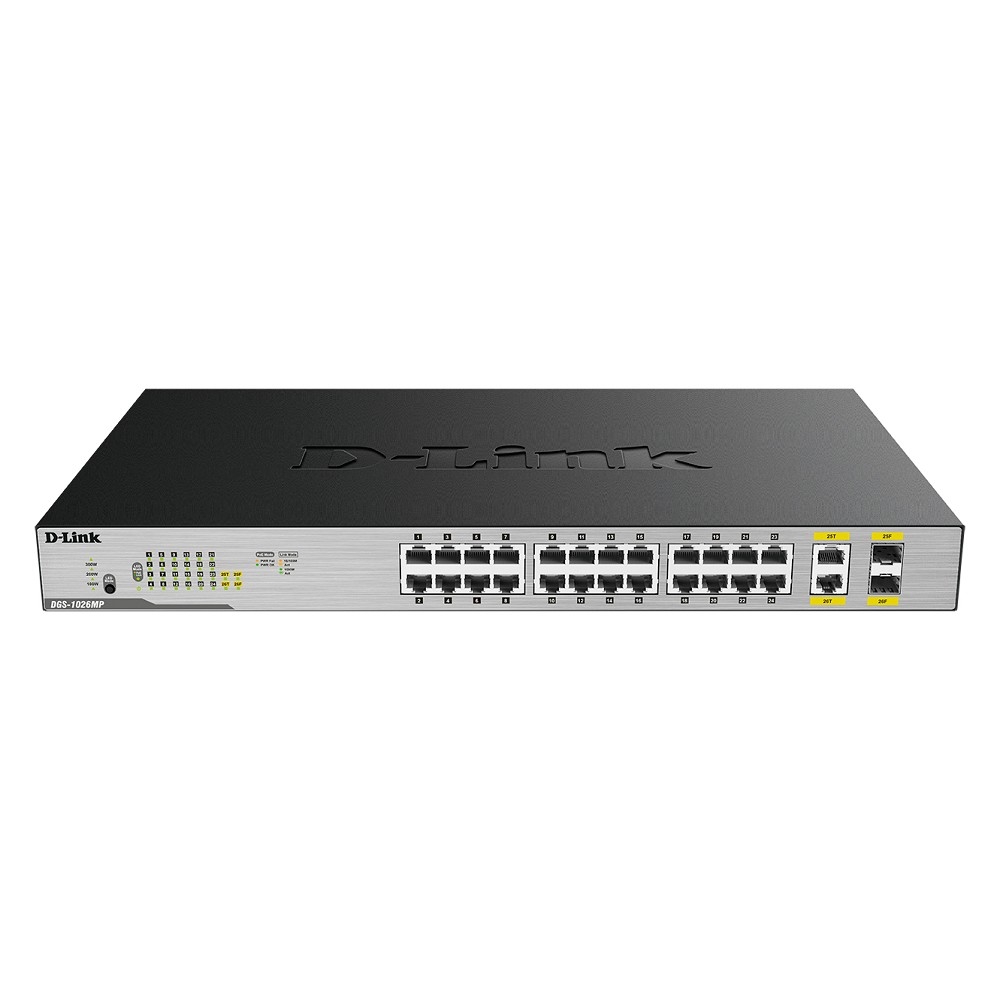 Коммутатор D-Link DGS-1026MP/B2A, 24×1GbE PoE, 2×Combo GbE/SFP, PoE 370Вт, 1U