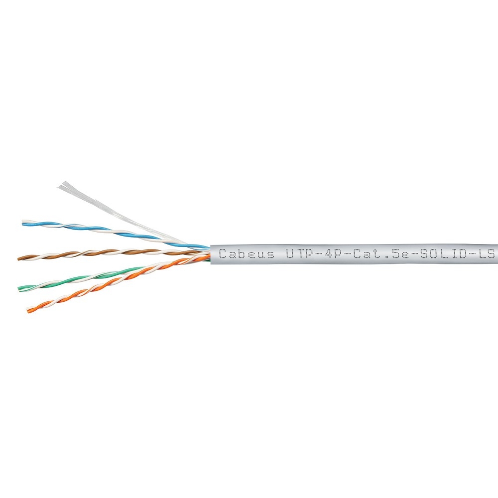 Cabeus UTP-4P-Cat.5e-SOLID-LSZH-GY-100 Кабель витая пара UTP (U/UTP), категория 5e, 4 пары (24 AWG), одножильный, серый, LSZH, нг(А)-HF, (100 м) 100м