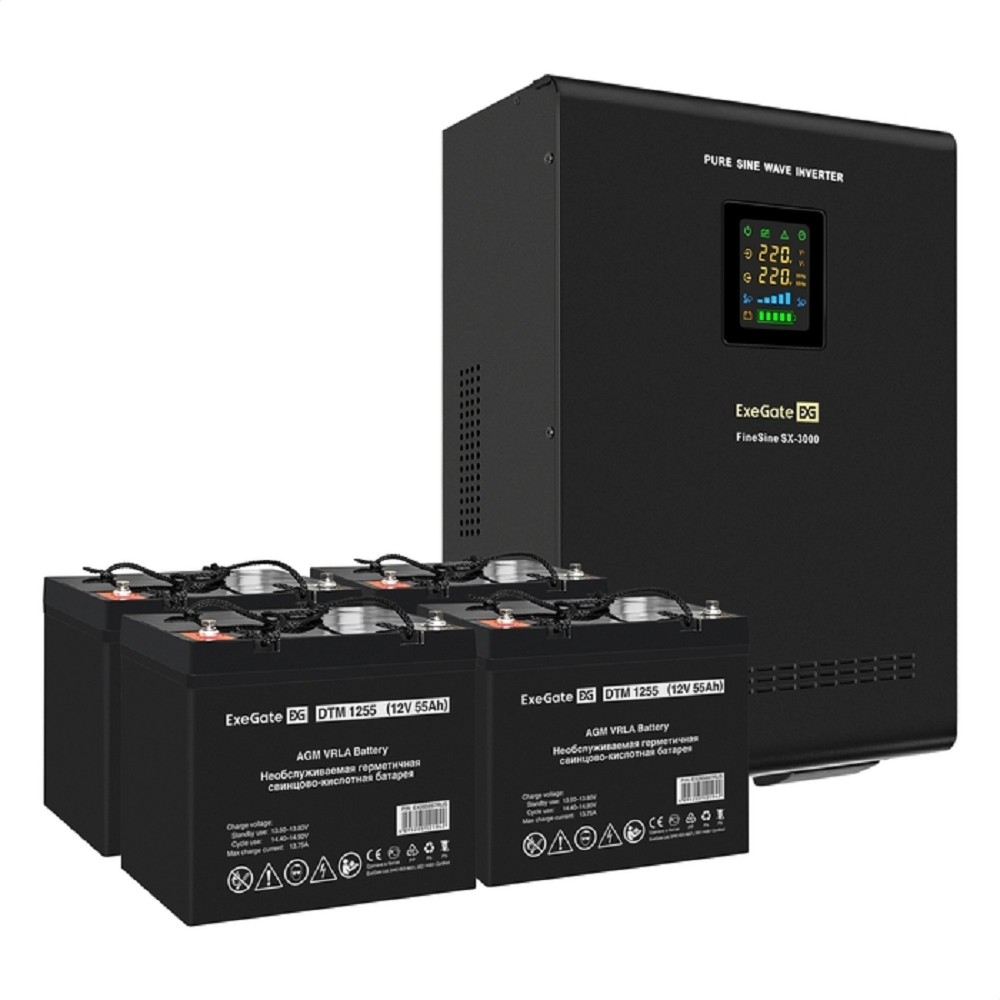 Комплект Источник бесперебойного питания EX296003RUS + батарея 55Aч EX285667RUS 4шт (инвертор, синус, для котла, настенный) ExeGate FineSine SX-3000.LCD.AVR.2SH.T <3000VA/2100W, чистая синусоида, цветной LCD-дисплей, AVR, 2*Schuko+клеммы, линейно-интерактивный, крепление настенное, черный> + батарея ExeGate DTM 1255 (12В, 55А·ч) 4шт