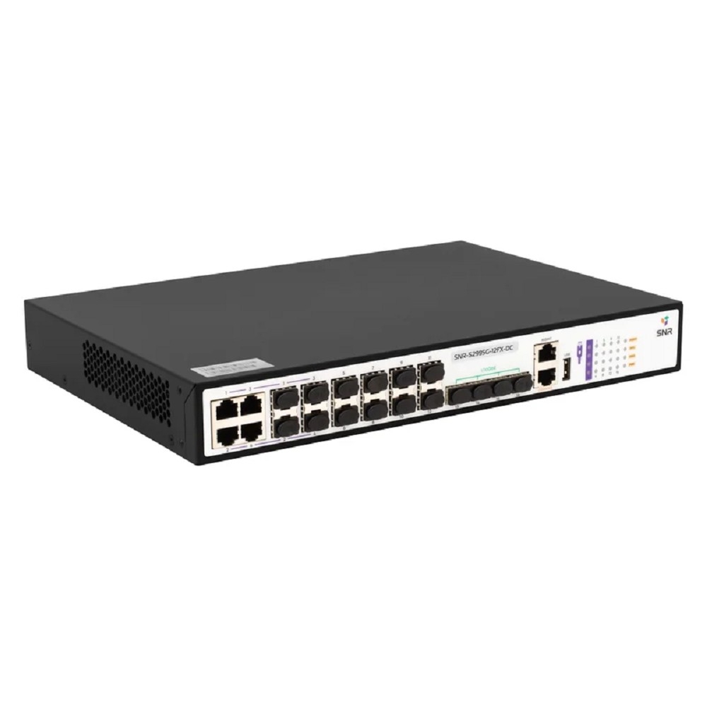 SNR SNR-S2995G-12FX-DC Управляемый коммутатор уровня 3, 8 портов 100/1000Base-X SFP, 4 порта Combo 10/100/1000Base-T|100/1000Base-X SFP, 4 порта 1/10G SFP+, встроенный БП ~220V AC, RPS 36-72V DC