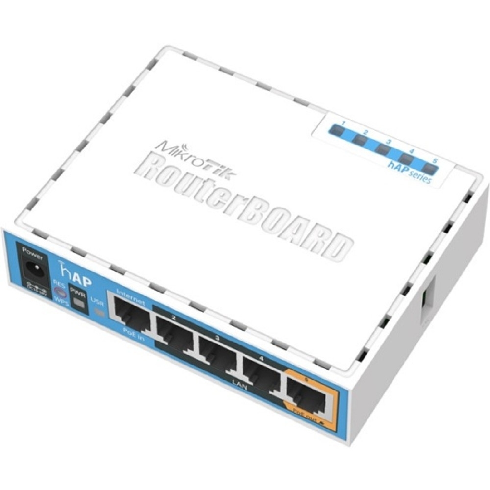 Точка доступа wi-fi MikroTik hAP with 650MHz CPU, 64MB RAM, 5xLAN, built-in 2.4Ghz 802.11b/g/n 2x2 two chain wireless with integrated antennas, USB, RouterOS L4, desktop case, PSU