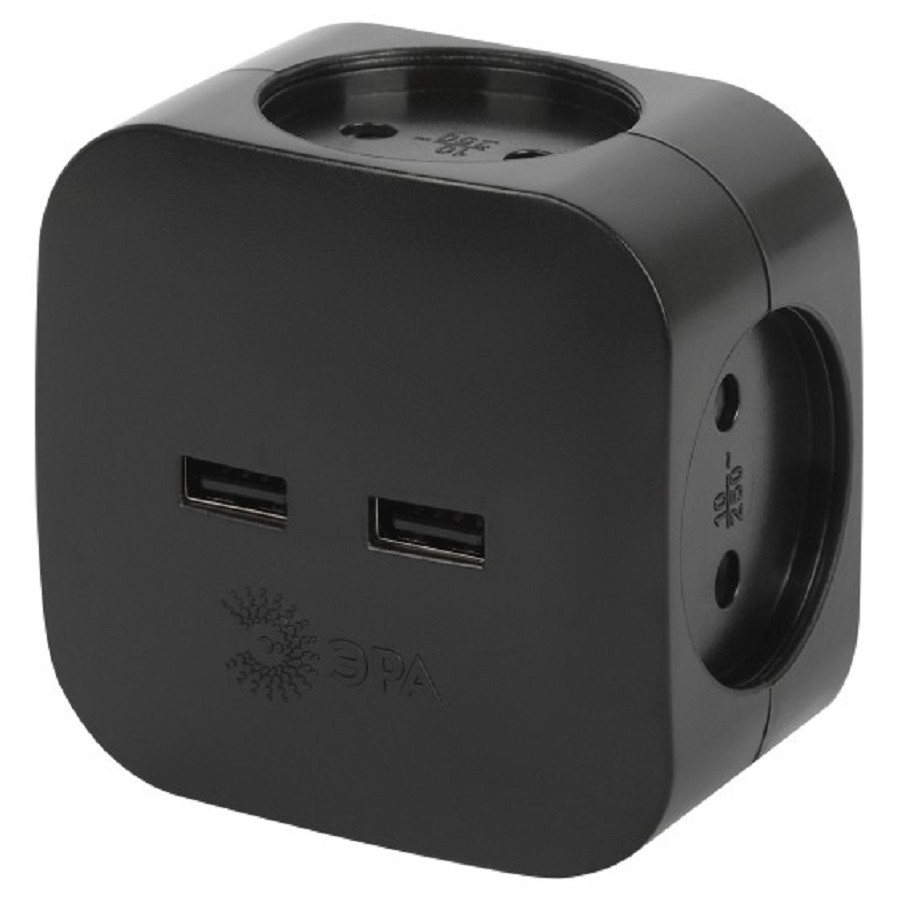 ЭРА Б0049536 Разветвитель электрический SP-4-USB-B на 4 розетки 220V + 2xUSB 2400mA, без заземл 10А (черный)