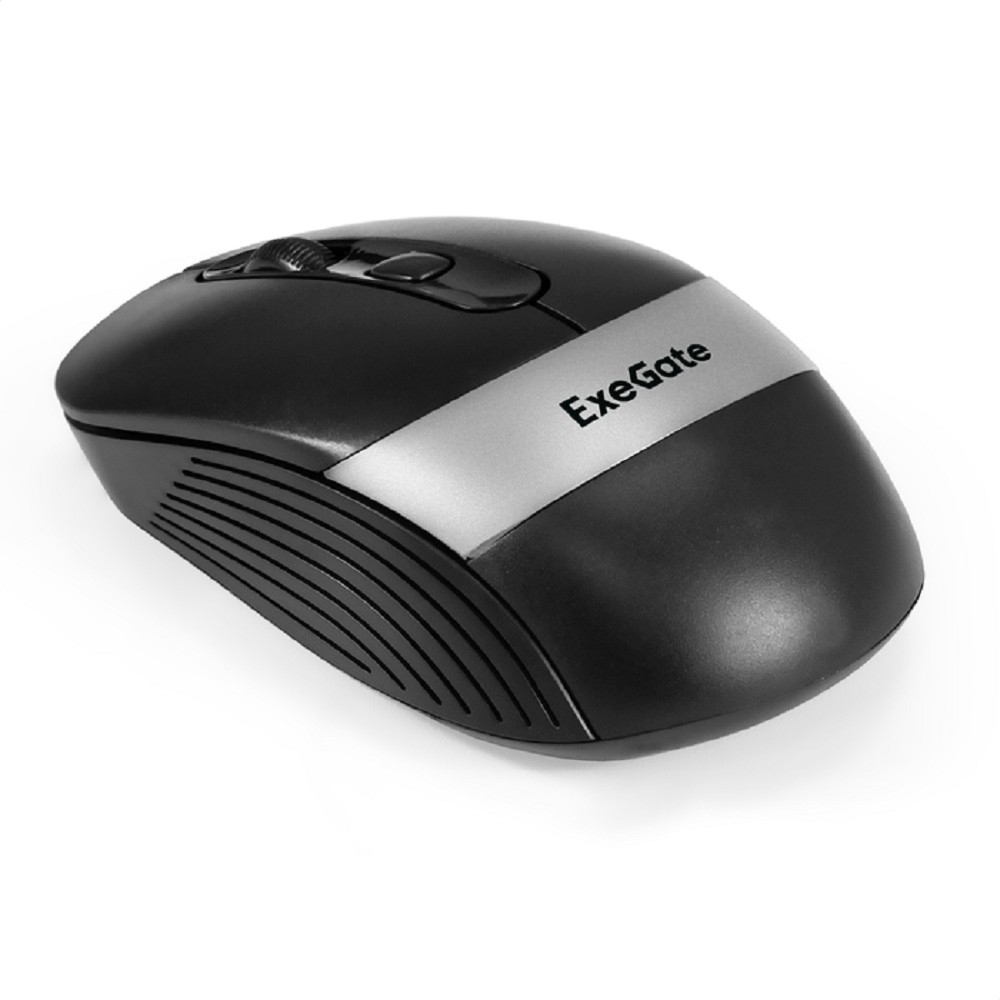 Exegate EX298895RUS Беспроводная мышь ExeGate Professional Standard FG-10 Grey (радиоканал 2,4 ГГц, USB, оптическая, 1200dpi, 4D, 4 кнопки и колесо прокрутки, черная, серая вставка, RTL)