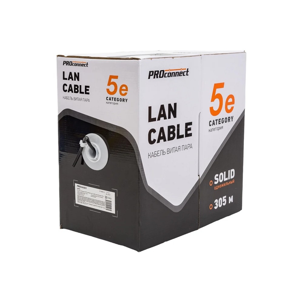 PROconnect (01-0045-3) Кабель витая пара омедненный, U/UTP, CCA, CAT 5e, PE, 4PR, 24AWG, OUTDOOR, SOLID, черный, 305м