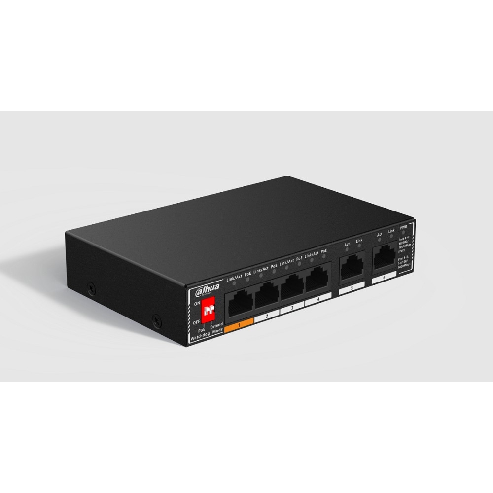 Повреждение упаковки DAHUA DH-SG1006P 6-портовый гигабитный неуправляемый коммутатор c PoE, 4xRJ45 1Gb PoE, 2xRJ45 1Gb uplink, суммарно 60Вт, коммутация 14 Гбит/с, MAC-таблица 2K, металл
