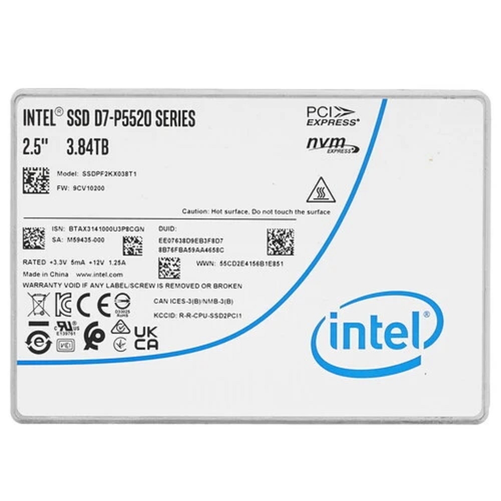 Диск SSD Intel - D7-P5520, серверный, 2.5" 15 мм, 3.84 ТБ, U.2 NVMe PCIe 4.0 x4, speed write-3600МБ/с read-6700МБ/с, TLC, SSDPF2KX038T1N1
