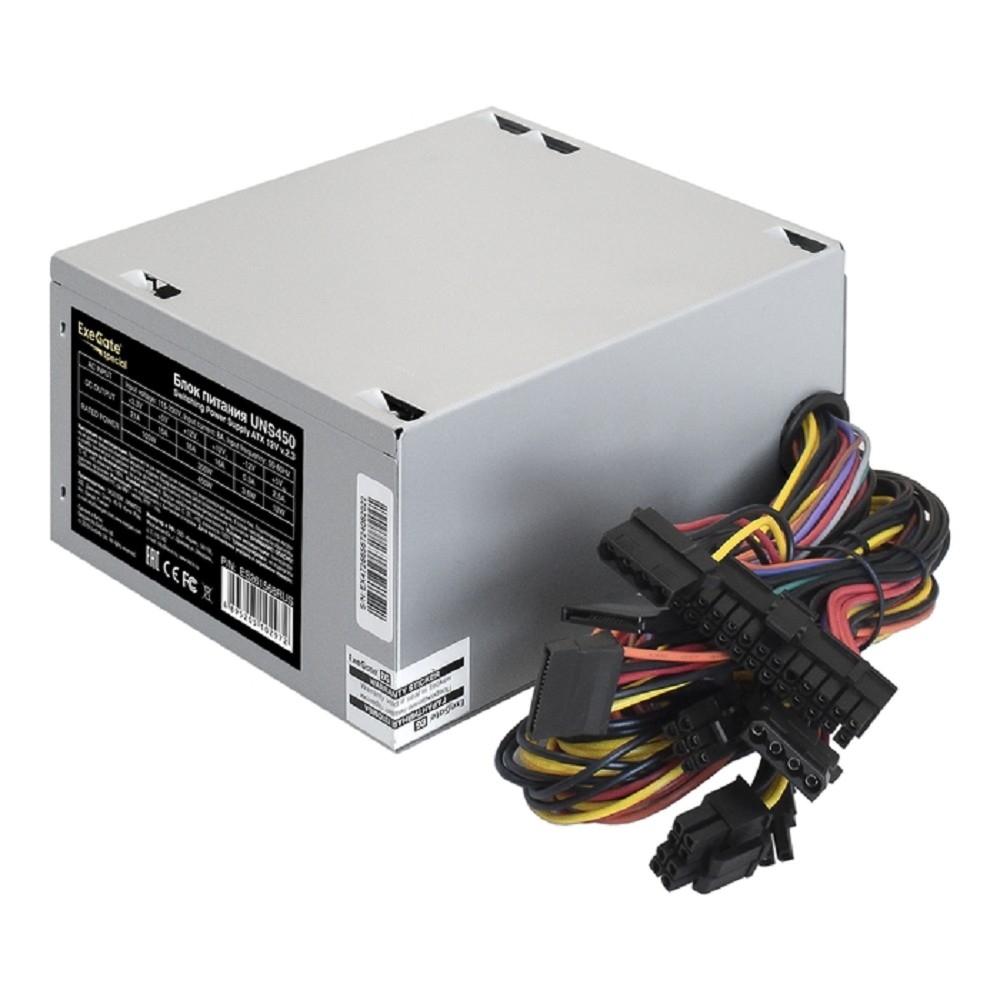 Exegate ES261568RUS-PC Блок питания 450W ExeGate UNS450 (ATX, PC, 12cm fan, 24pin, 4pin, PCIe, 3xSATA, 2xIDE, кабель 220V в комплекте)