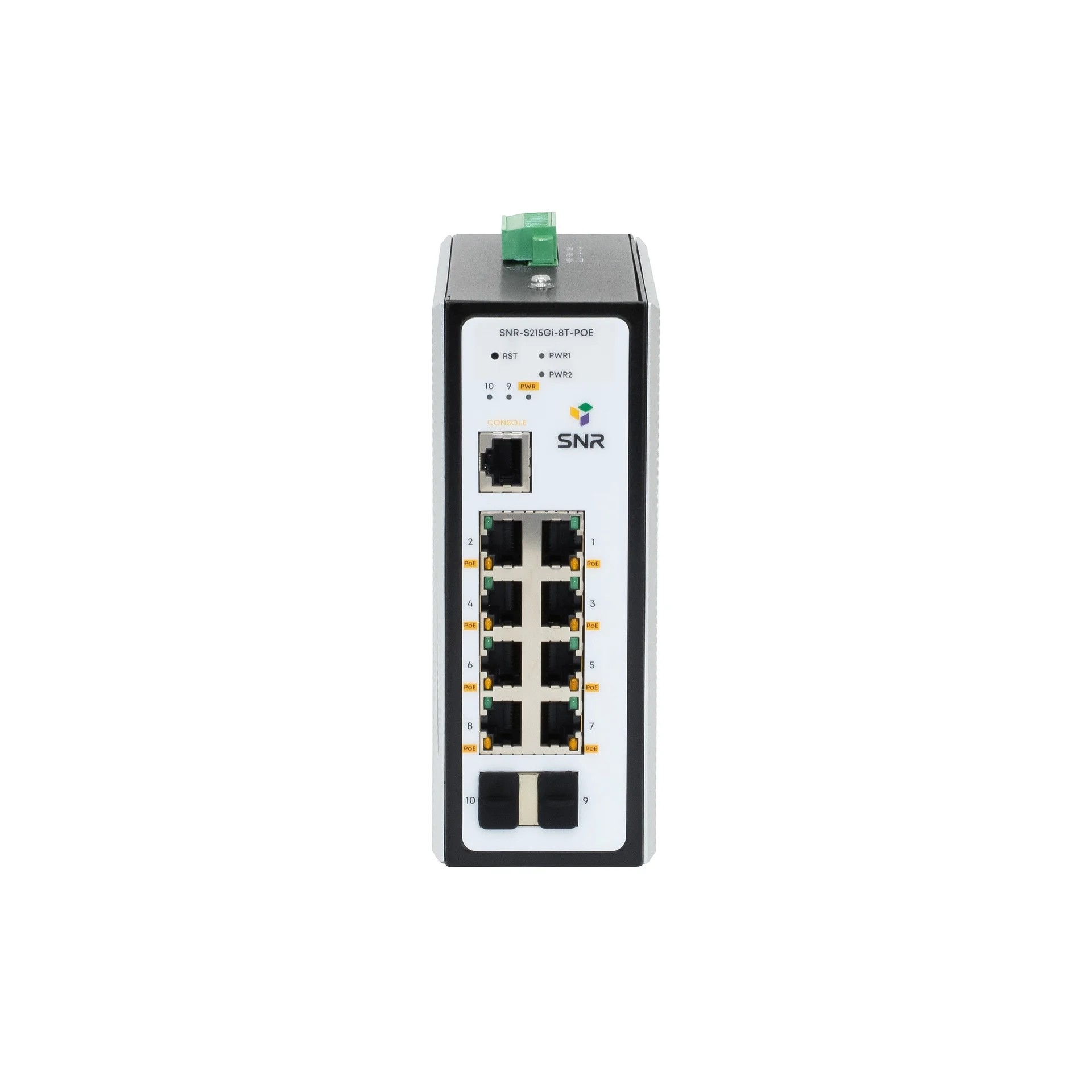 SNR SNR-S215Gi-8T-POE Управляемый промышленный Web Smart PoE коммутатор уровня 2, 8 портов 10/100/1000Base-T, 2 порта 100/1000Base-X (SFP), бюджет PoE 180 Вт, два входа питания RPS 50-57V DC.