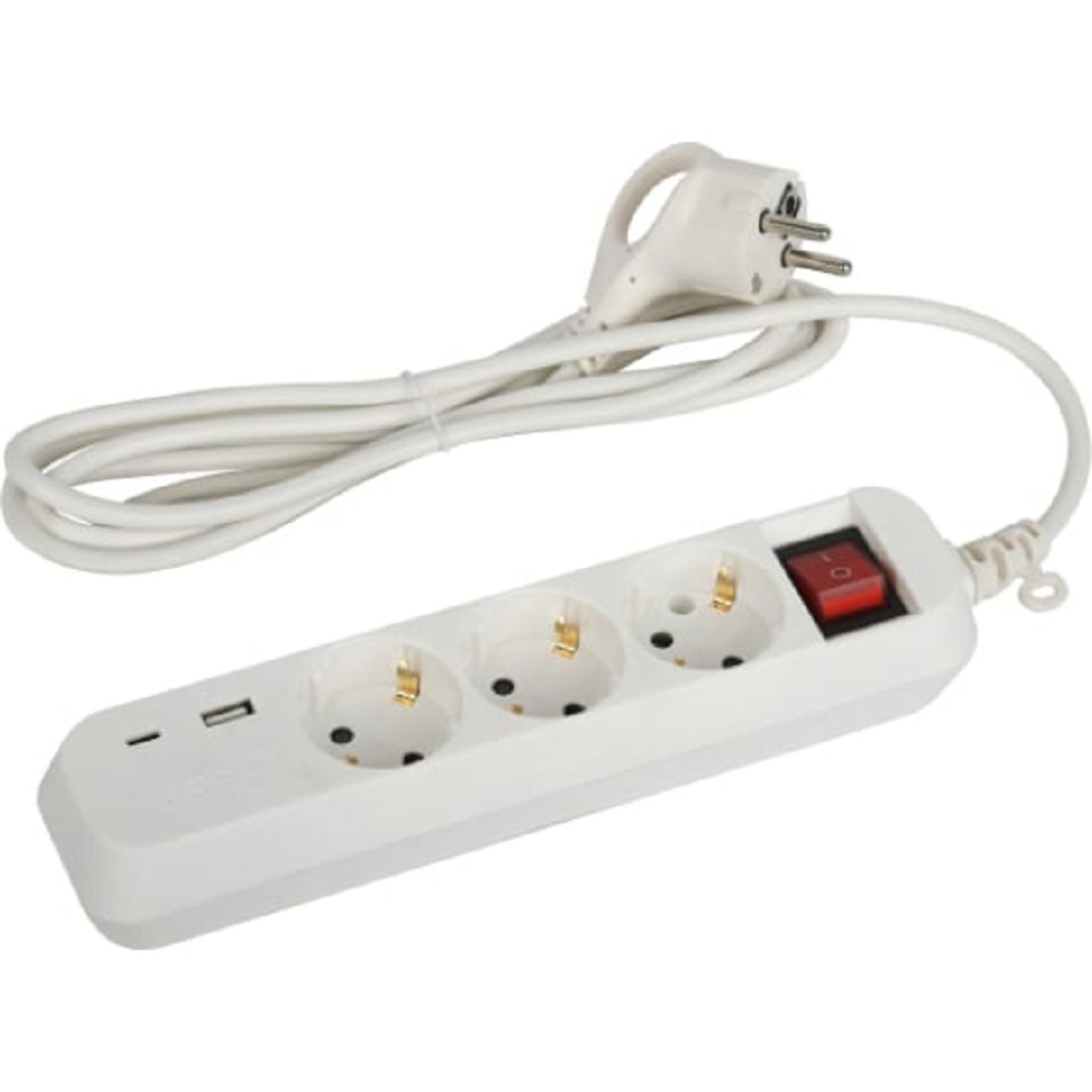 ЭРА Б0052897 Удлинитель электрический UB-3es-1,5m-USB c заземлением с выключателем 3 розетки + 1xUSBA+1xUSBC 1,5м 10А