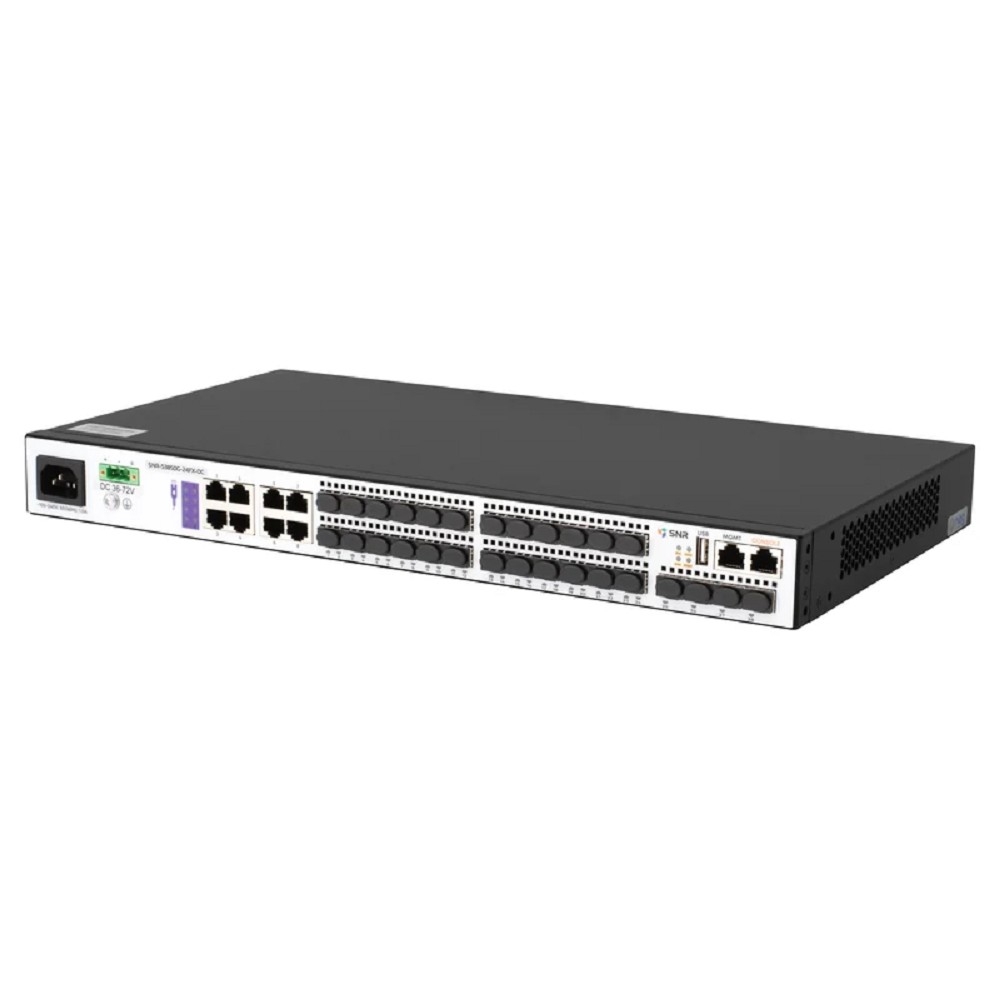 SNR SNR-S3850G-24FX-DC Управляемый коммутатор уровня 3, 16 портов 100/1000Base-X SFP, 8 портов Combo 10/100/1000Base-T|100/1000Base-X SFP, 4 порта 1/10G SFP+, RPS 36-72V DC