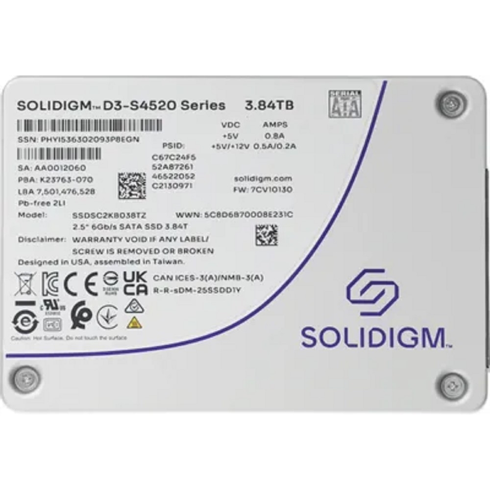 Накопитель Solidigm SSD D3-S4520 Series, 3840GB, 2.5" 7mm, SATA3, TLC, R/W 550/510MB/s, IOPs 92 000/31 000, TBW 15300, DWPD 2 (12 мес.)