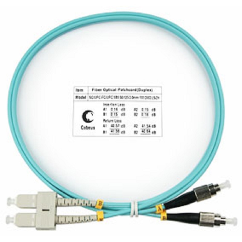 Оптический патч-корд Cabeus, многомодовый, SC/UPC - FC/UPC, FC(UPC) - SC(UPC), 50/125 мкм, LSZH, голубой, 1 м, FOP-50-SC-FC-1m