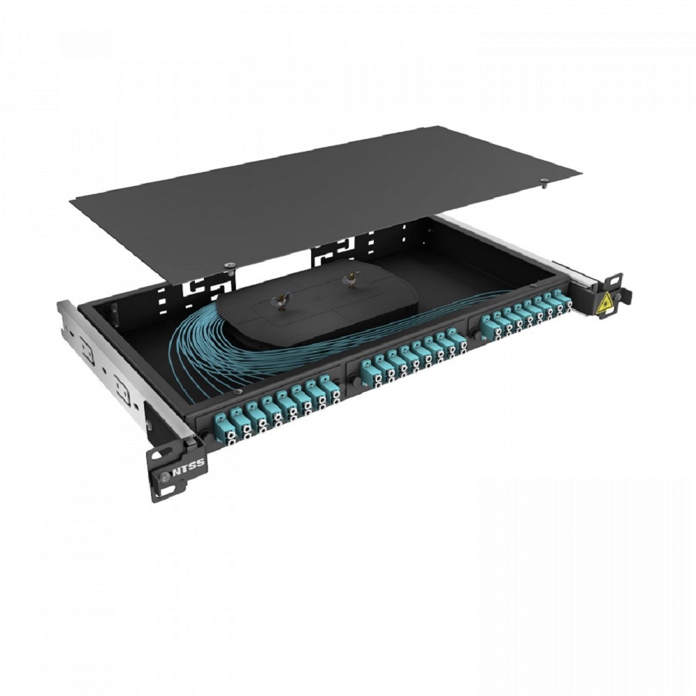 NTSS Кросс 19" NTSS PREMIUM выдвижной, предсобранный 1U, 16 портов LC/UPC duplex, 50/125 мкм ОМ3, (сплайс, пигтейлы, кдзс, планки, адаптеры), черный, RAL9005 NTSS-RsFOB-PM-1U-16-2LC/U-503-SP1.5G1A-BL