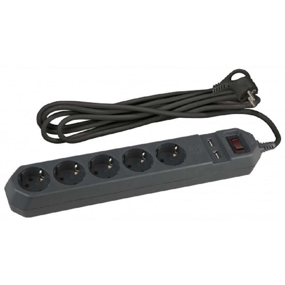 Эра Б0019036 Сетевой фильтр USF-5es-1.5m-USB-B (черный) с заземл, 3x0,75мм2, с выкл, 5гн, 1,5м {защита от короткого замыкания, от перегрузки, от импульсных помех, USB-зарядка}