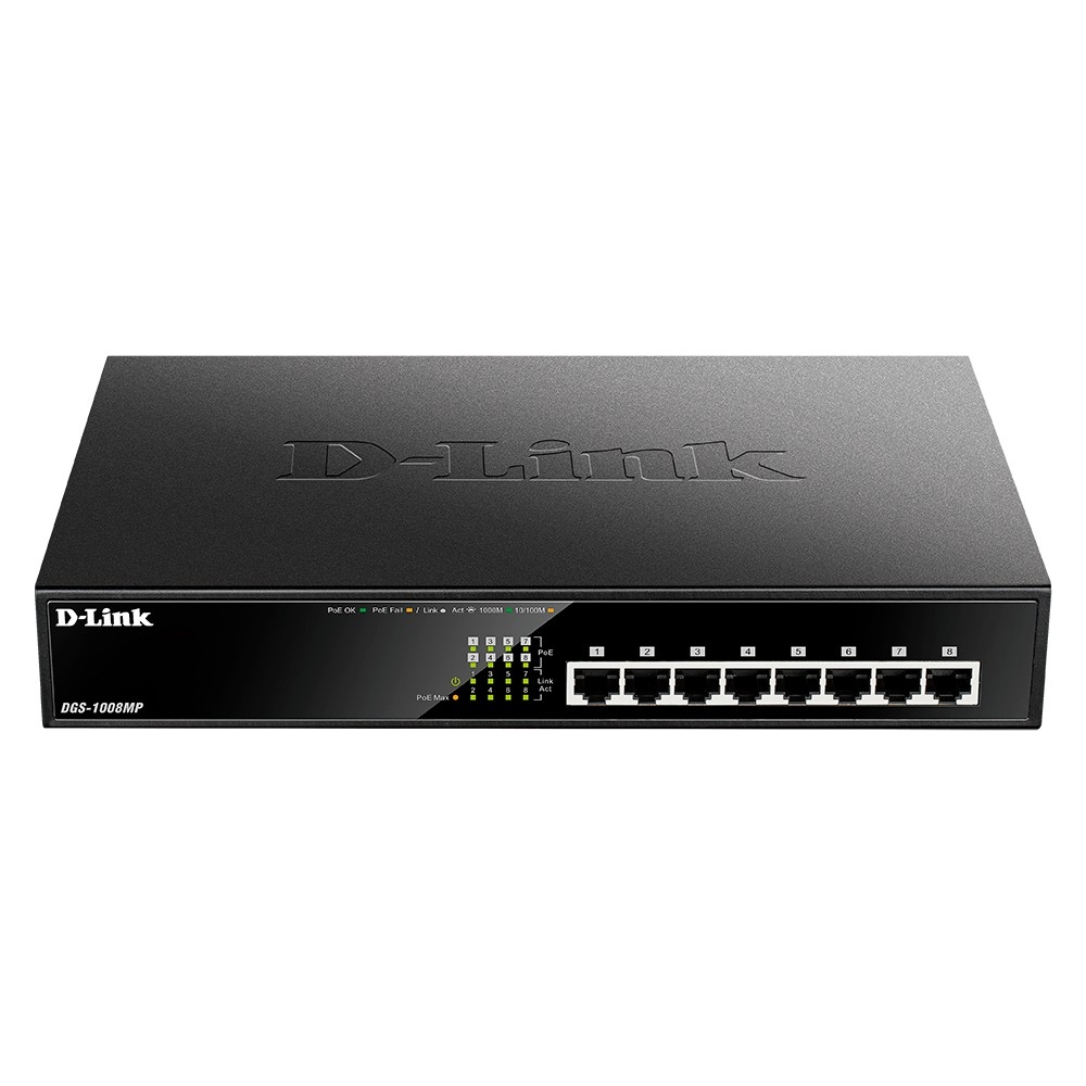 D-Link DGS-1008MP/B1A Неуправляемый коммутатор с 8 портами 10/100/1000Base-T с поддержкой PoE 802.3af/at (PoE-бюджет 125 Вт)