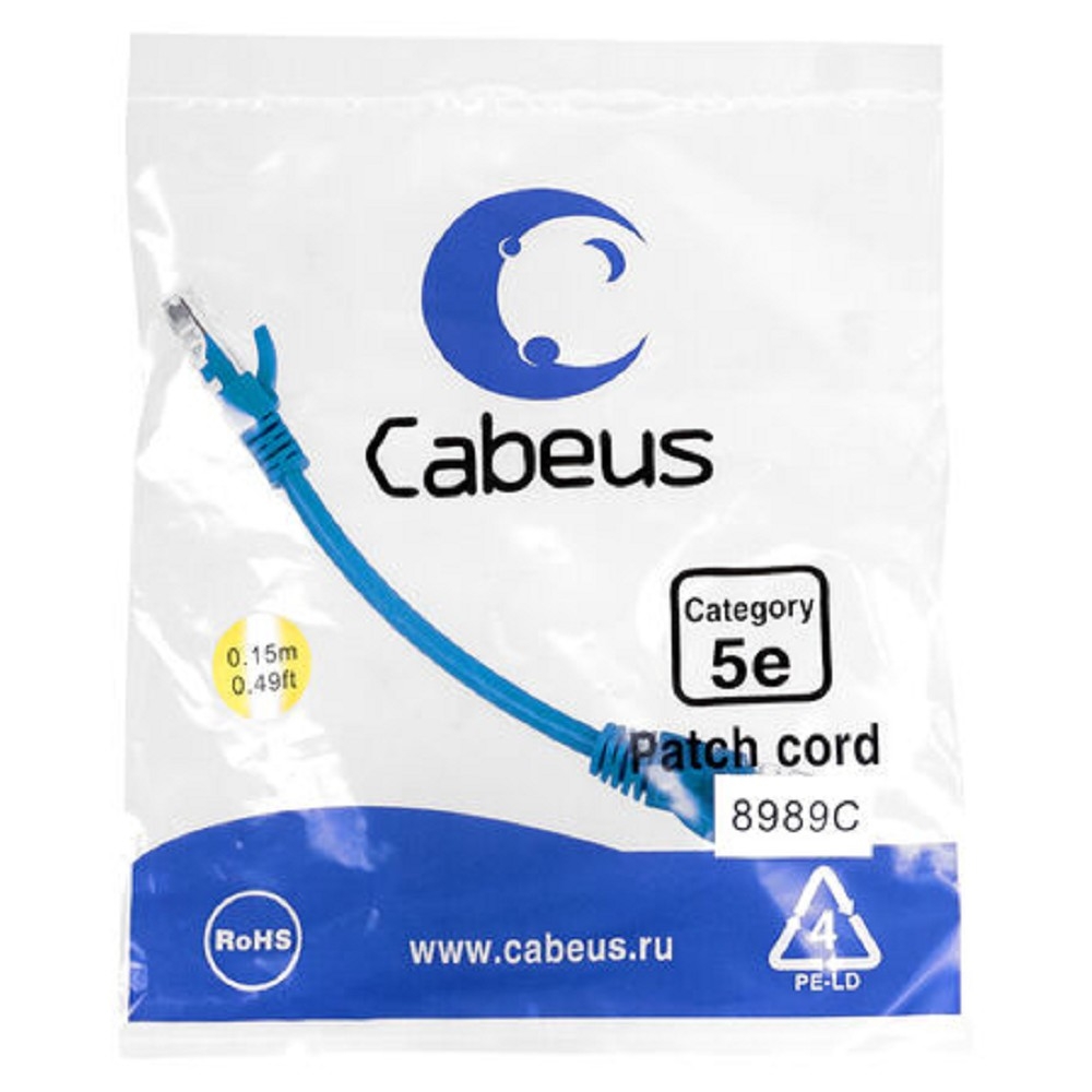 Патч-корд Cabeus PC-UTP-RJ45-Cat.5e-0.15m-BL Патч-корд U/UTP, категория 5е, 2xRJ45/8p8c, неэкранированный, синий, PVC, 0.15м