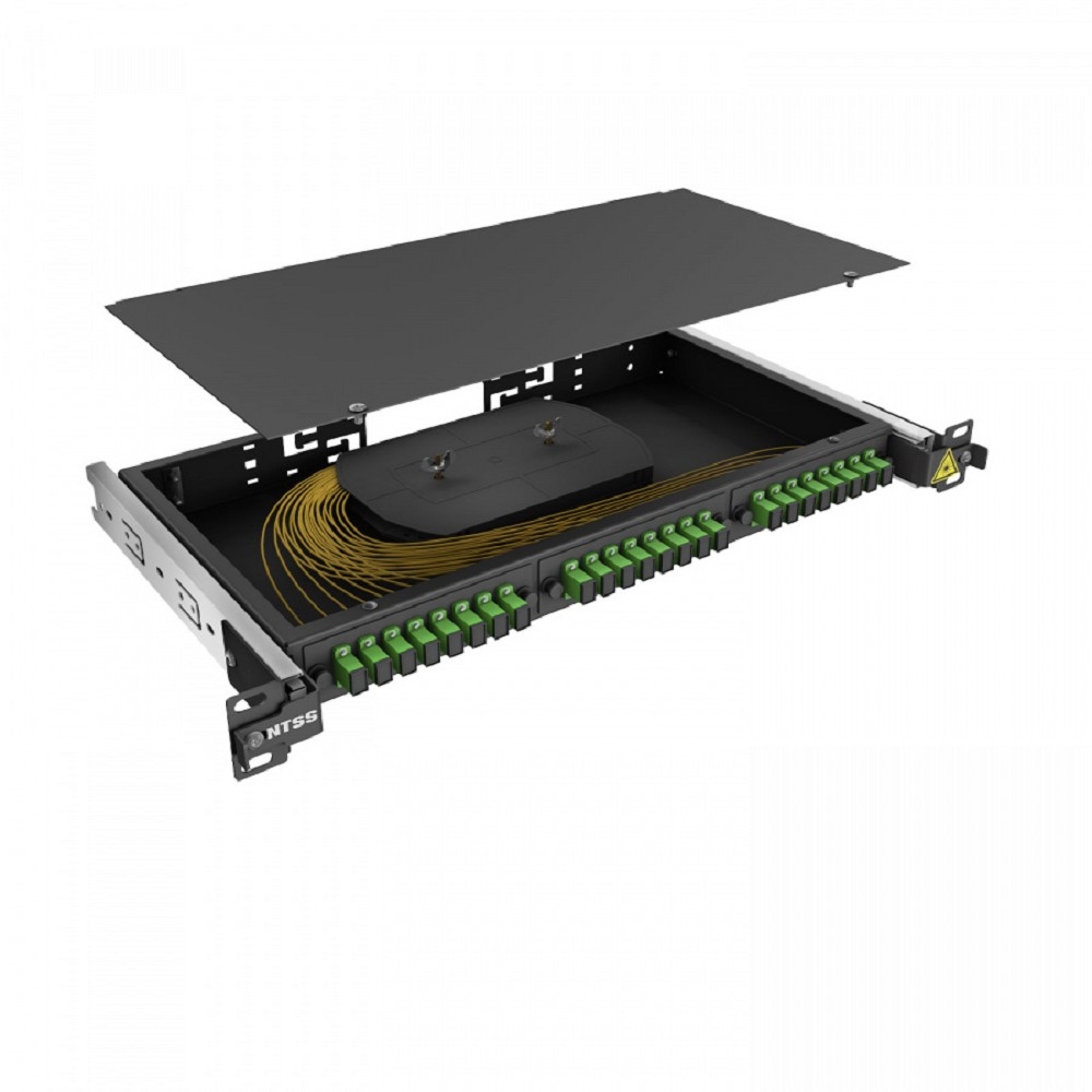 NTSS Кросс 19" NTSS PREMIUM выдвижной, предсобранный 1U, 16 портов SC/APC, 9/125 мкм, (сплайс, пигтейлы, кдзс, планки, адаптеры), черный, RAL9005 NTSS-RsFOB-PM-1U-16-SC/A-9-SP1.5G1A-BL