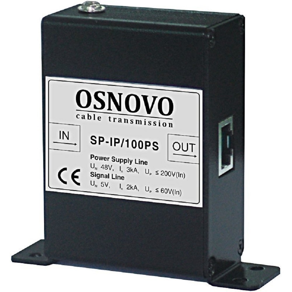 SP-IP/100PS Устройство грозозащиты для локальной вычислительной сети (скорость до 100Мбит/с) с защитой линий PoE (af/at, метод B, контакты 4/5, 7/8), двухступенчатая защита.