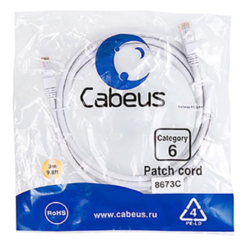 PC-UTP-RJ45-Cat.6-3m-WH Шнур коммутационный Cabeus кат. 6 неэкр. U/UTP RJ45/RJ45 250 МГц d 62 3м PVC AWG24 белый
