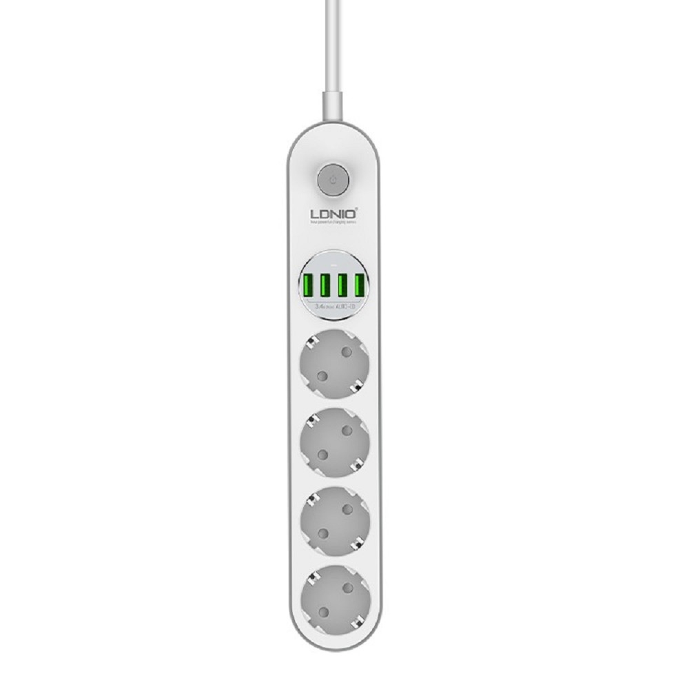 Perfeo LD_B4438  LDNIO SE4432/ Сетевой удлинитель 2м + ЗУ на 4 USB/ 4 розетки (медь) - 2500W/ USB - 17W/ White&Gray