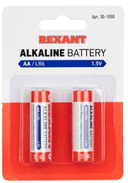 Rexant (30-1050) Батарейка алкалиновая AA/LR6, 1,5В, 2 шт, блистер