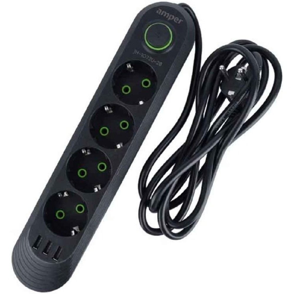 Сетевой удлинитель Amper JH-1072U-2B, 2м, 4 розетки, 3×USB