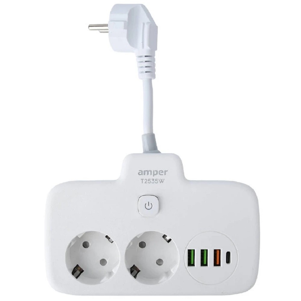 Amper сетевой удлинитель, 0,2м, 2 розетки, 3*0,75мм, 10А, 2500 Вт, 3usb, 1Type-C, 1кн, белый. [T2535W]