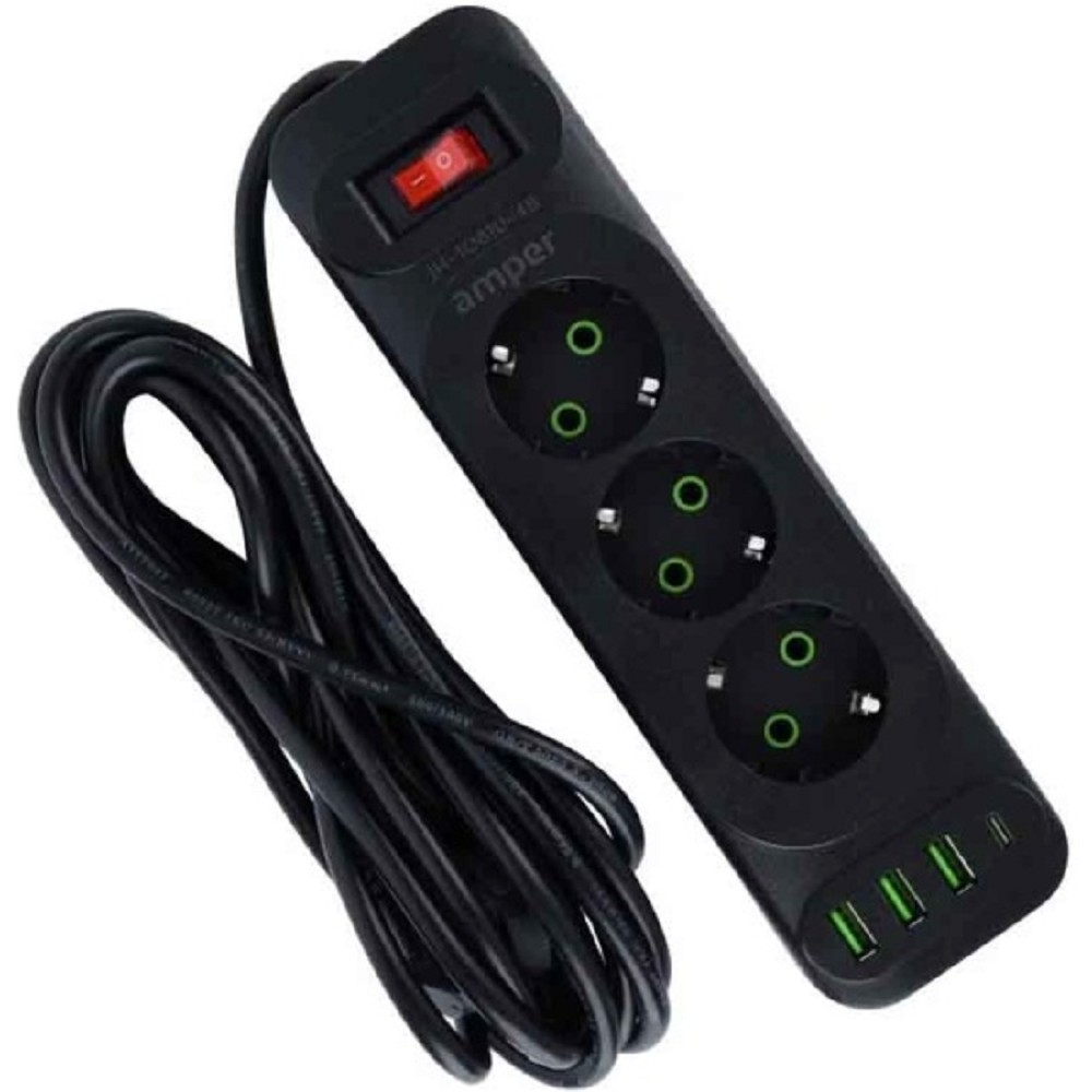 Сетевой удлинитель Amper JH-1081U-4B, 4м, 3 розетки, 3×USB+Type-C