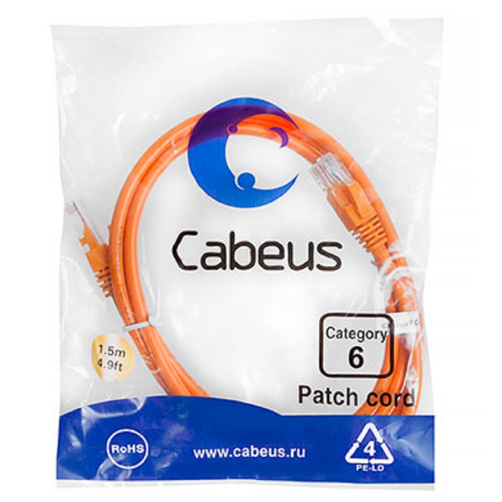 Патч-корд Cabeus, UTP, кат. 6, 2 x RJ-45, RJ-45 - RJ-45, 250 МГц, ПВХ, Оранжевый, 1,5 м, PC-UTP-RJ45-Cat.6-1.5m-OR